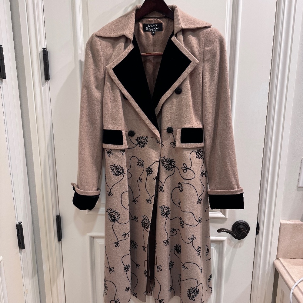 Blush Pink & Black Embroidered Wool Pea Coat